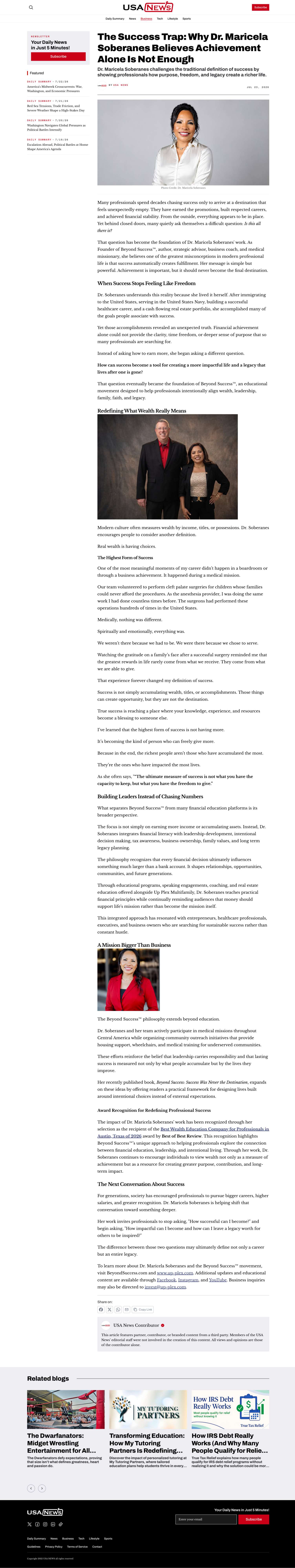 A published client feature article on a major news outlet, shown scrolling inside a browser window