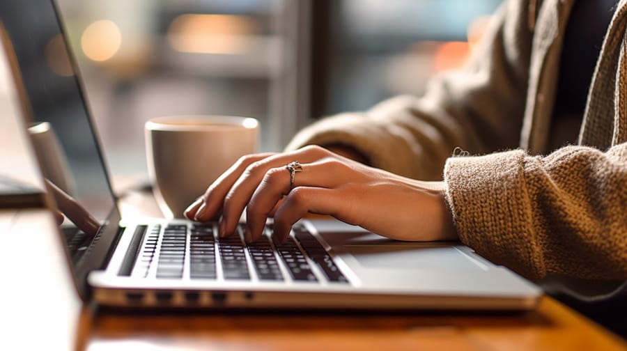 Hands typing on a laptop next to a cup of coffee.